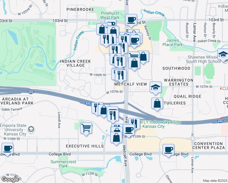 map of restaurants, bars, coffee shops, grocery stores, and more near 7201 West 107th Street in Overland Park