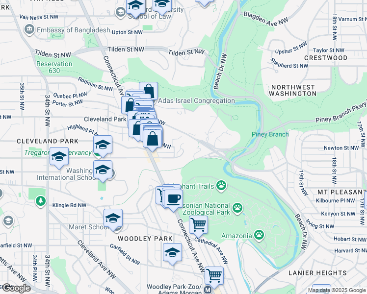 map of restaurants, bars, coffee shops, grocery stores, and more near 2700 Macomb Street Northwest in Washington