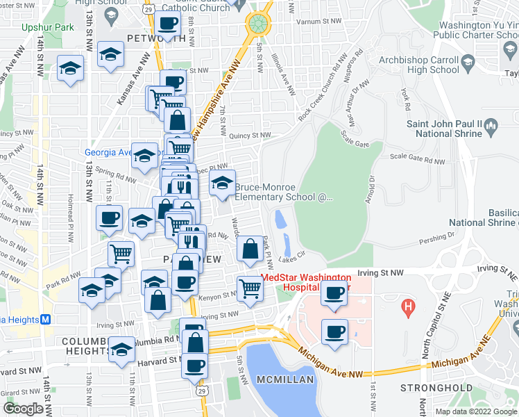 map of restaurants, bars, coffee shops, grocery stores, and more near Park Place Northwest & Newton Place Northwest in Washington