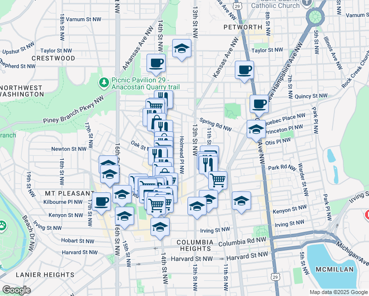 map of restaurants, bars, coffee shops, grocery stores, and more near 3487 Holmead Place Northwest in Washington