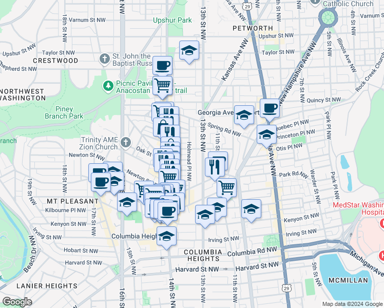map of restaurants, bars, coffee shops, grocery stores, and more near 3487 Holmead Place Northwest in Washington