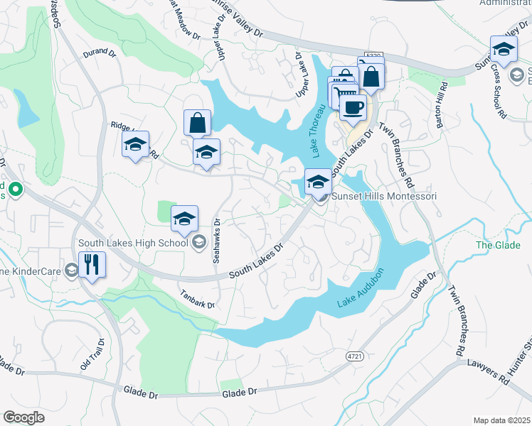 map of restaurants, bars, coffee shops, grocery stores, and more near 11221 Silentwood Lane in Reston
