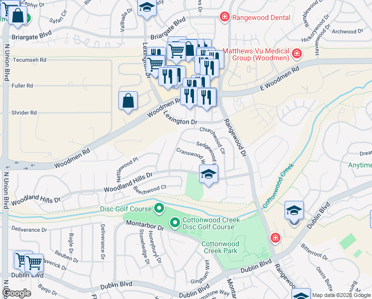 map of restaurants, bars, coffee shops, grocery stores, and more near 3535 Cranswood Way in Colorado Springs