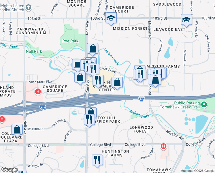 map of restaurants, bars, coffee shops, grocery stores, and more near 4401 West 107th Street in Overland Park