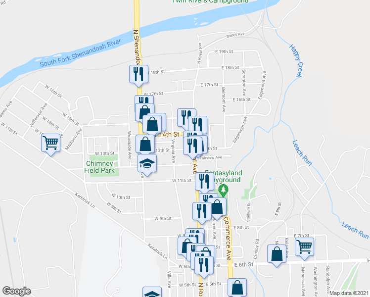 map of restaurants, bars, coffee shops, grocery stores, and more near 15 West 13th Street in Front Royal