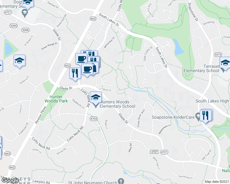 map of restaurants, bars, coffee shops, grocery stores, and more near 11831 Shire Court in Reston