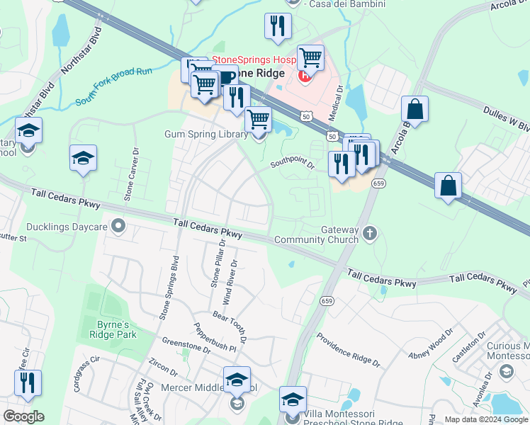 map of restaurants, bars, coffee shops, grocery stores, and more near 24689 Clock Tower Square in Aldie
