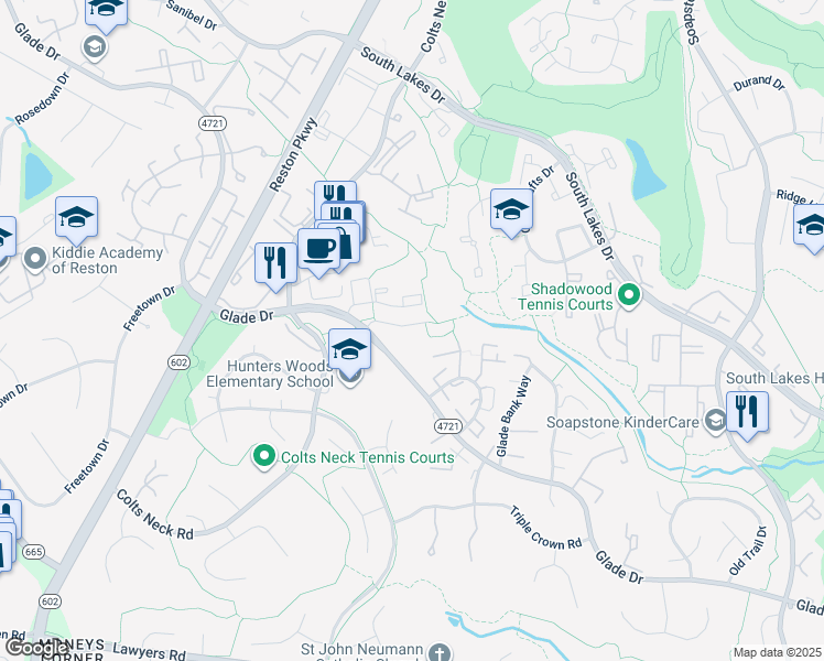 map of restaurants, bars, coffee shops, grocery stores, and more near 11833 Shire Court in Reston