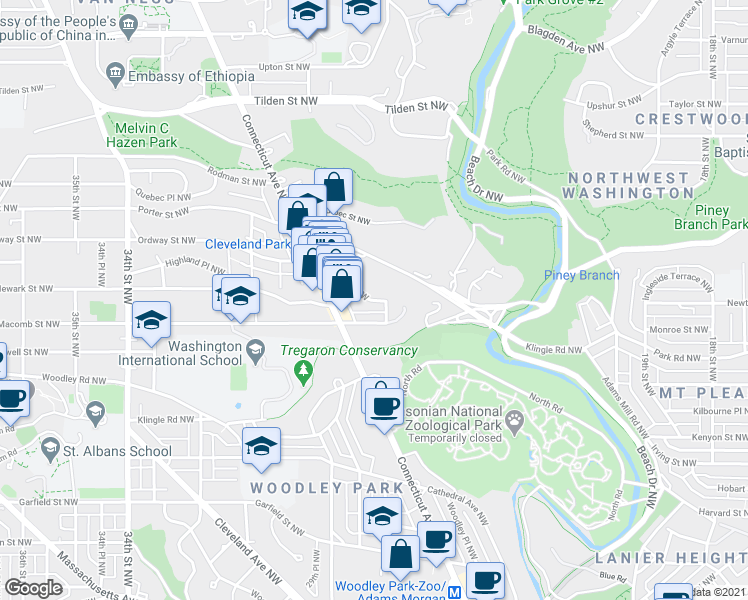 map of restaurants, bars, coffee shops, grocery stores, and more near 2719 Ordway Street Northwest in Washington, D.C.