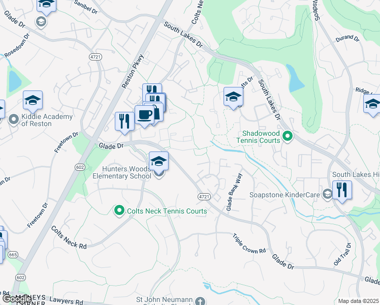 map of restaurants, bars, coffee shops, grocery stores, and more near 11831 Shire Court in Reston