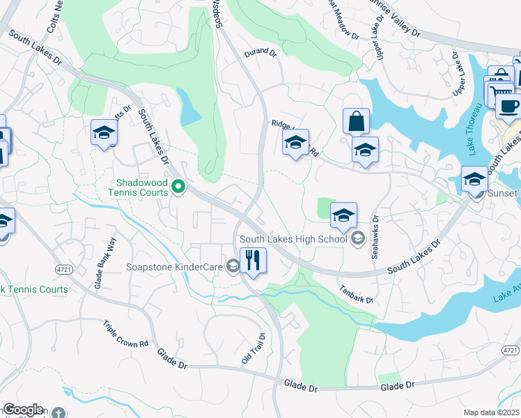 map of restaurants, bars, coffee shops, grocery stores, and more near Rolling Green Court in Reston
