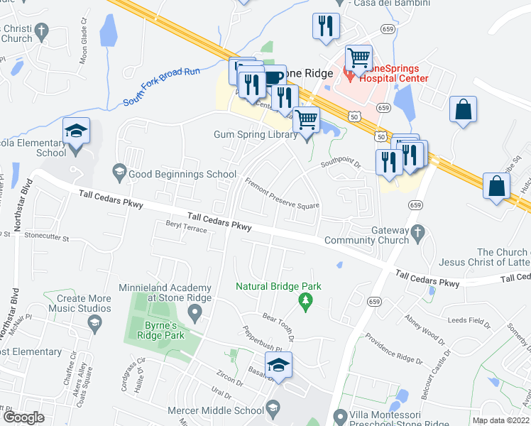 map of restaurants, bars, coffee shops, grocery stores, and more near 24694 Nettle Mill Square in Stone Ridge
