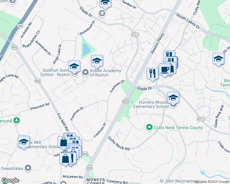 map of restaurants, bars, coffee shops, grocery stores, and more near 2419 Freetown Drive in Reston