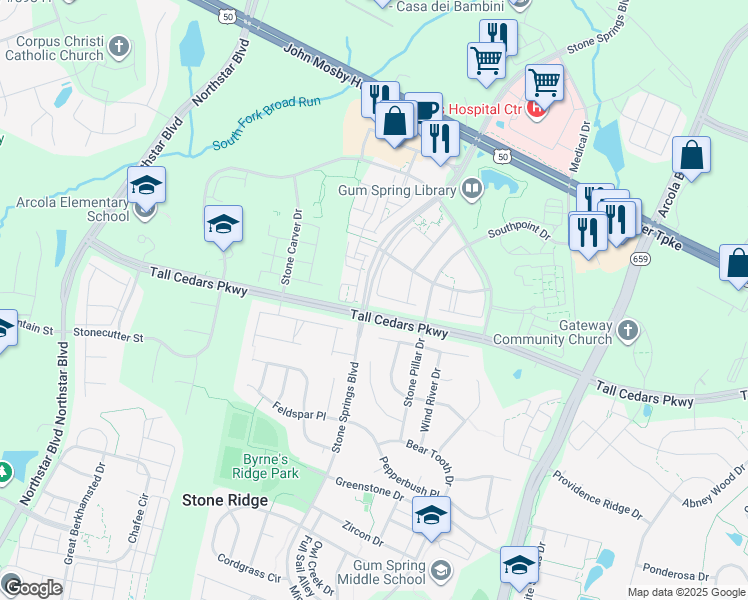 map of restaurants, bars, coffee shops, grocery stores, and more near 24673 Siltstone Square in Stone Ridge