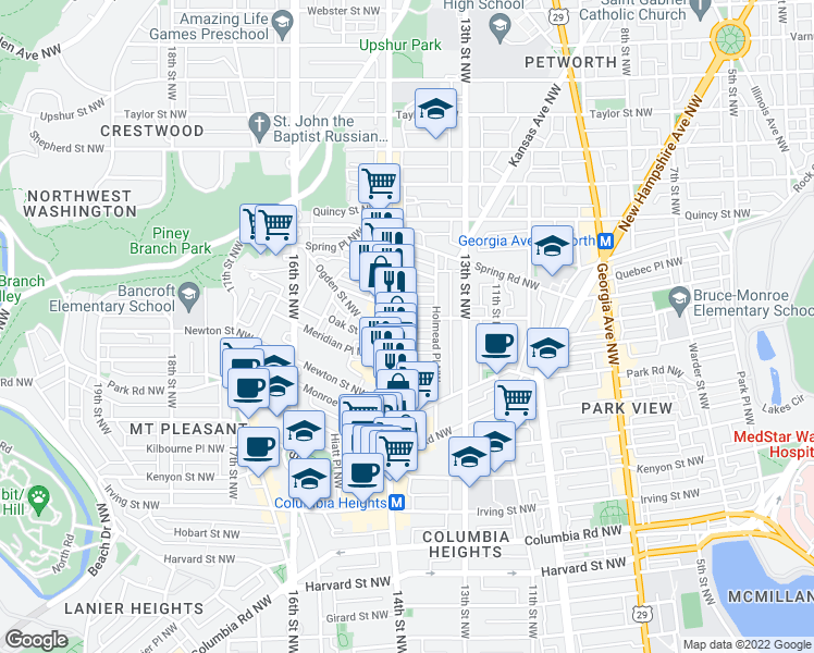 map of restaurants, bars, coffee shops, grocery stores, and more near 101 Independence Avenue Southeast in Washington