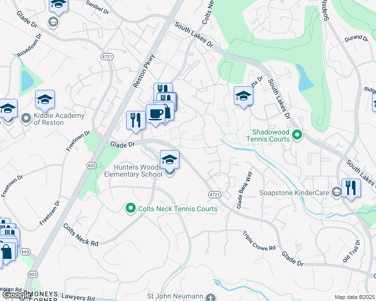 map of restaurants, bars, coffee shops, grocery stores, and more near 11839 Shire Court in Reston
