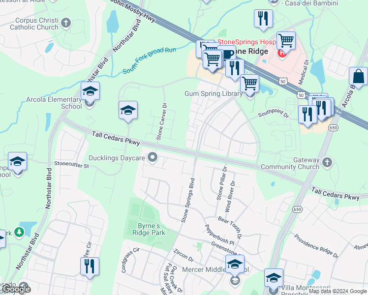 map of restaurants, bars, coffee shops, grocery stores, and more near 42085 Bear Tooth Drive in Stone Ridge
