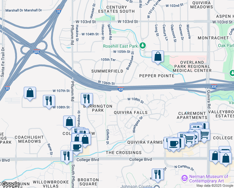 map of restaurants, bars, coffee shops, grocery stores, and more near 12810 West 108th Street in Overland Park