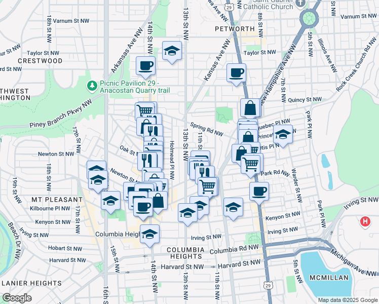 map of restaurants, bars, coffee shops, grocery stores, and more near 3579 13th Street Northwest in Washington