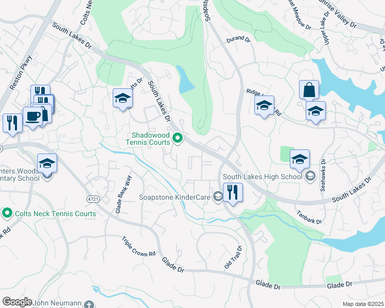 map of restaurants, bars, coffee shops, grocery stores, and more near 2202 Castle Rock Square in Reston