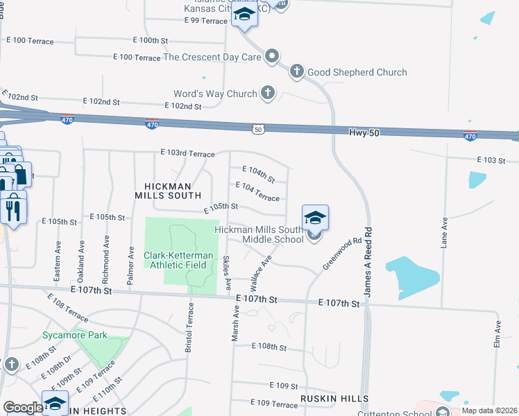 map of restaurants, bars, coffee shops, grocery stores, and more near 8311 East 105th Street in Kansas City