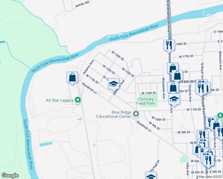 map of restaurants, bars, coffee shops, grocery stores, and more near 709 West 11th Street in Front Royal