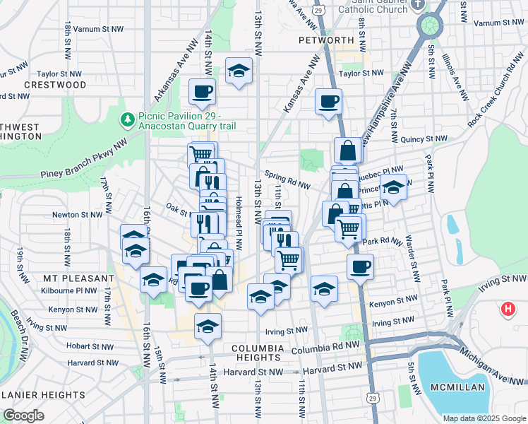 map of restaurants, bars, coffee shops, grocery stores, and more near 3579 13th Street Northwest in Washington
