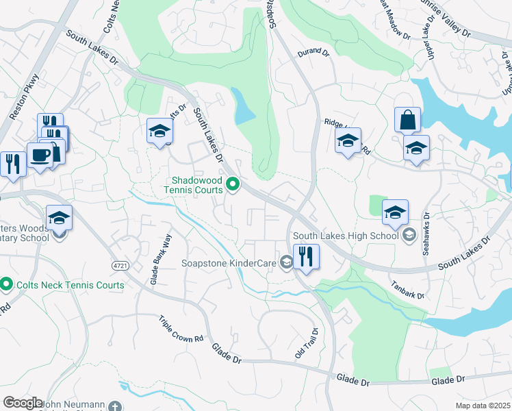 map of restaurants, bars, coffee shops, grocery stores, and more near 2200 Castle Rock Square in Reston