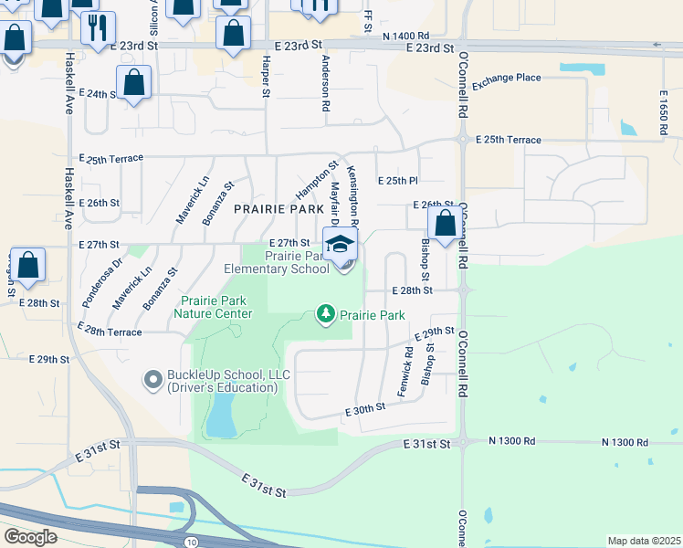 map of restaurants, bars, coffee shops, grocery stores, and more near 2711 Kensington Road in Lawrence