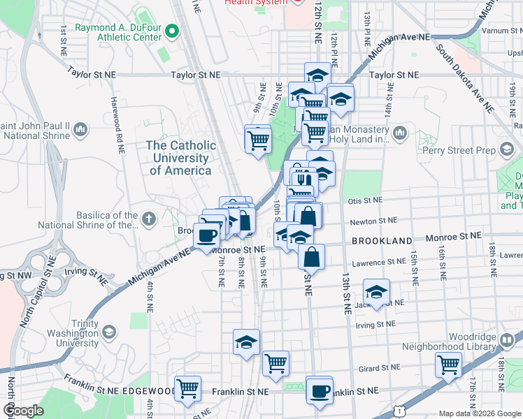 map of restaurants, bars, coffee shops, grocery stores, and more near 914 Bunker Hill Road Northeast in Washington