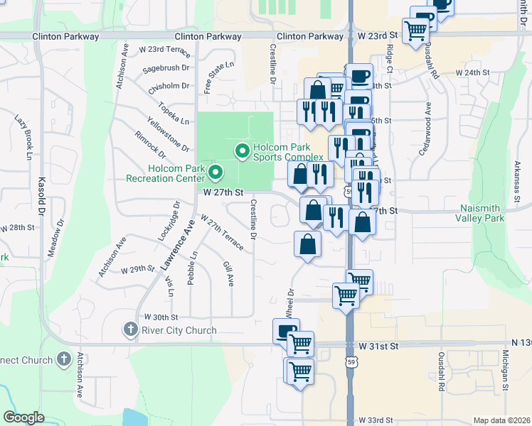 map of restaurants, bars, coffee shops, grocery stores, and more near 2738 Chipperfield Road in Lawrence