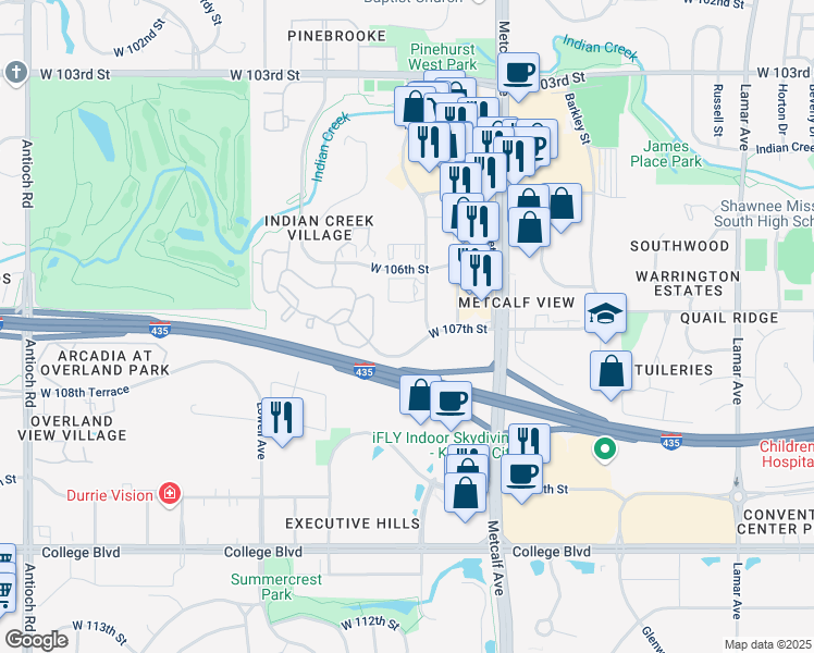 map of restaurants, bars, coffee shops, grocery stores, and more near 7300 West 107th Street in Overland Park