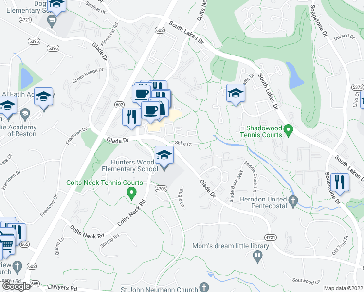 map of restaurants, bars, coffee shops, grocery stores, and more near 11839 Shire Court in Reston