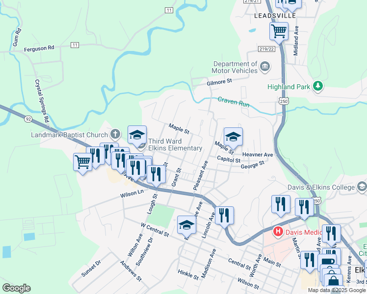 map of restaurants, bars, coffee shops, grocery stores, and more near 301-331 Grant Street in Elkins