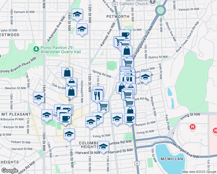 map of restaurants, bars, coffee shops, grocery stores, and more near 3561 10th Street Northwest in Washington