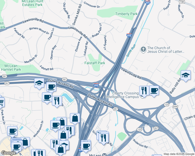 map of restaurants, bars, coffee shops, grocery stores, and more near 7711 Lear Road in McLean