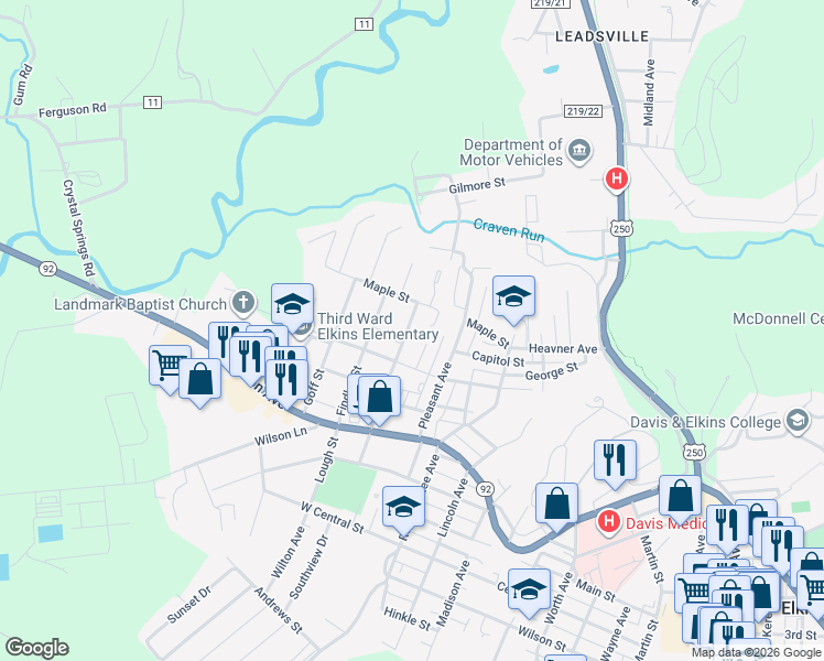 map of restaurants, bars, coffee shops, grocery stores, and more near Pleasant Ave in Elkins