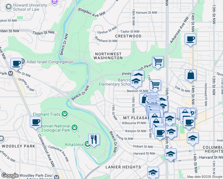 map of restaurants, bars, coffee shops, grocery stores, and more near 1901 Ingleside Terrace Northwest in Washington