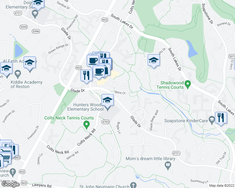 map of restaurants, bars, coffee shops, grocery stores, and more near 11841 Shire Court in Reston