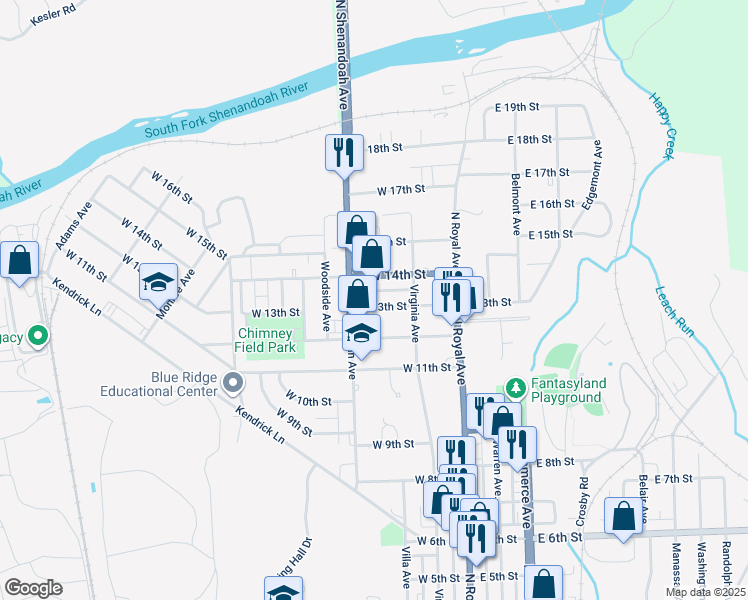map of restaurants, bars, coffee shops, grocery stores, and more near 137 West 13th Street in Front Royal