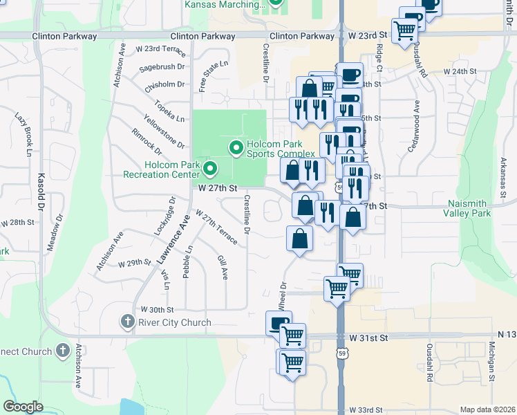 map of restaurants, bars, coffee shops, grocery stores, and more near 2738 Chipperfield Road in Lawrence