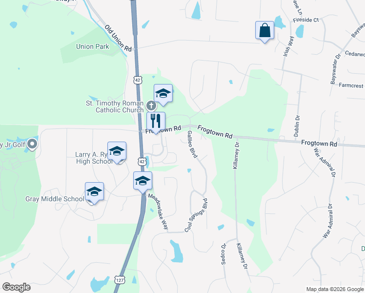 map of restaurants, bars, coffee shops, grocery stores, and more near 1305 Touch Gold Court in Union