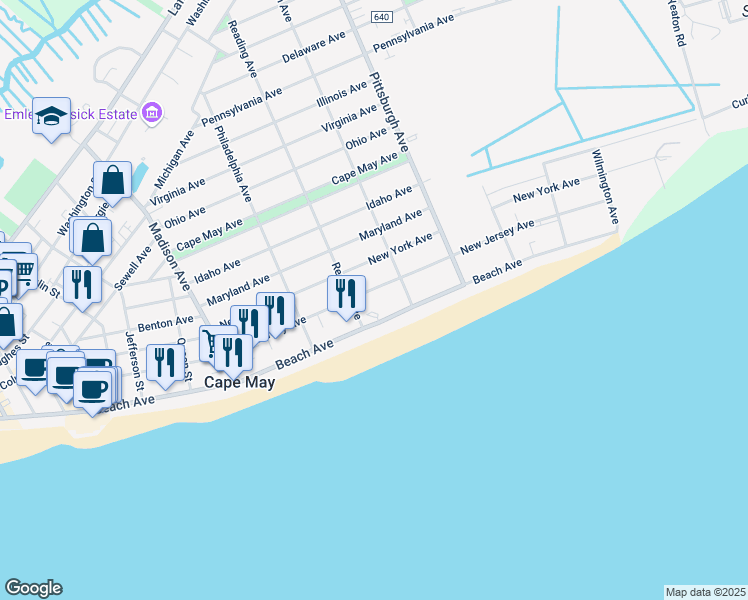 map of restaurants, bars, coffee shops, grocery stores, and more near 15 Reading Avenue in Cape May