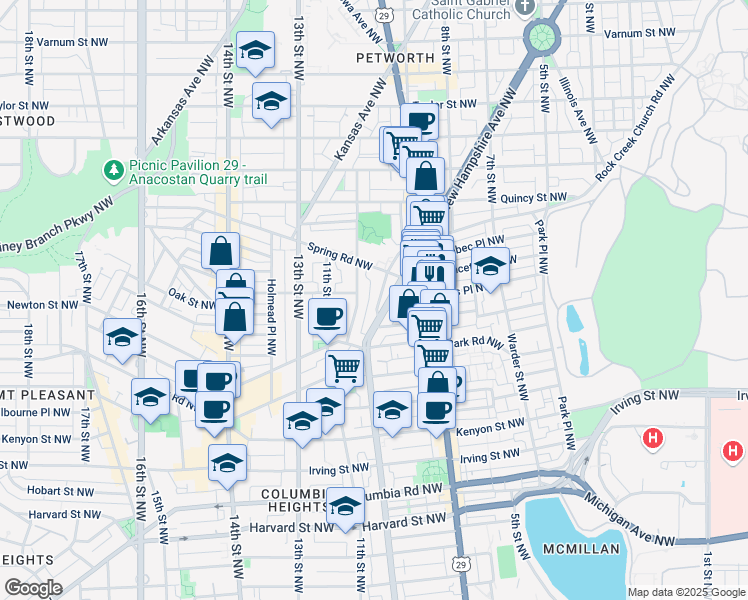 map of restaurants, bars, coffee shops, grocery stores, and more near 3602 Rock Creek Church Road Northwest in Washington