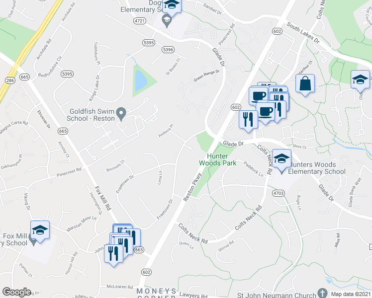 map of restaurants, bars, coffee shops, grocery stores, and more near 2419 Freetown Drive in Reston