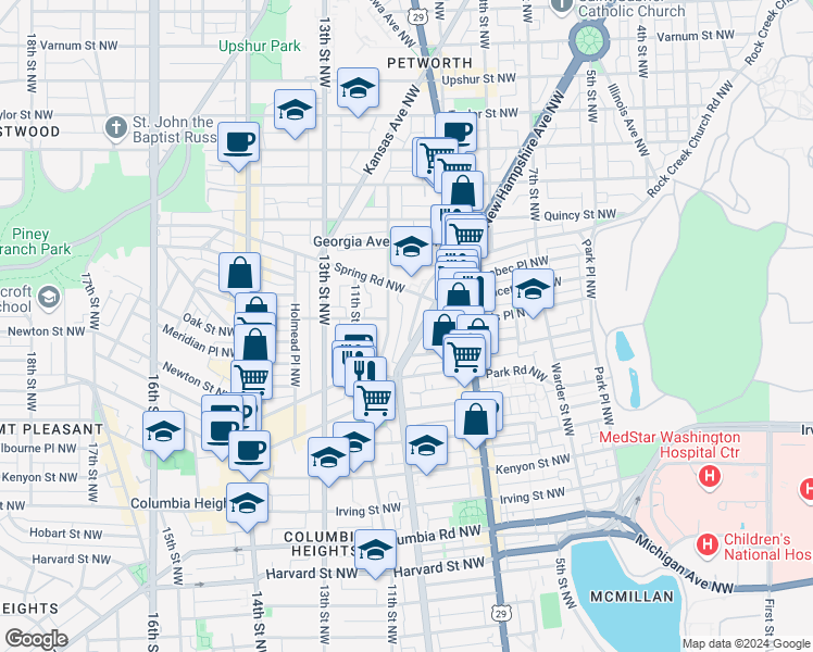 map of restaurants, bars, coffee shops, grocery stores, and more near 3602 Rock Creek Church Road Northwest in Washington