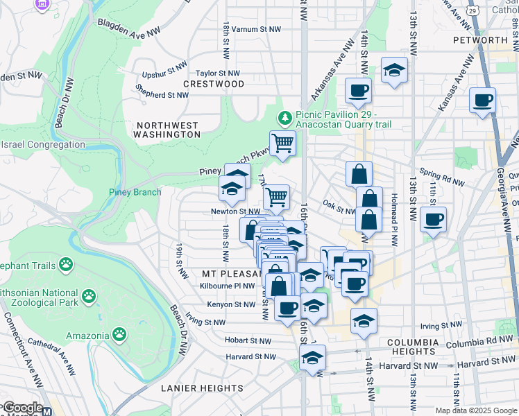 map of restaurants, bars, coffee shops, grocery stores, and more near 1713 Newton Street Northwest in Washington