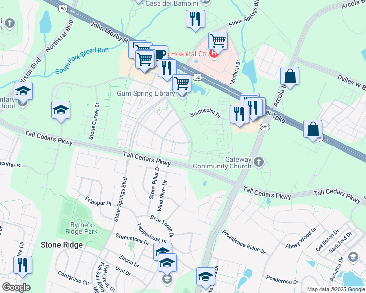 map of restaurants, bars, coffee shops, grocery stores, and more near 42135 Fremont Preserve Square in Stone Ridge