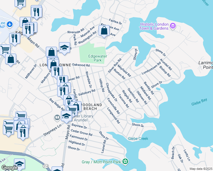 map of restaurants, bars, coffee shops, grocery stores, and more near 434 Salisbury Road in Edgewater