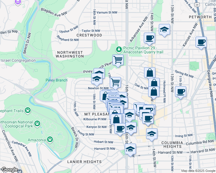 map of restaurants, bars, coffee shops, grocery stores, and more near 1713 Newton Street Northwest in Washington